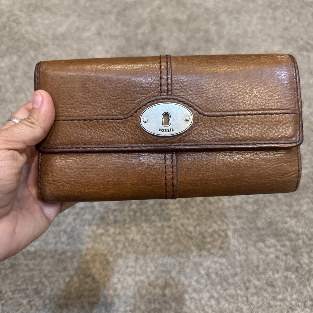 Fossil Brown Leather Continental Wallet Turn Lock Zip Coin Pocket‎ Trifold